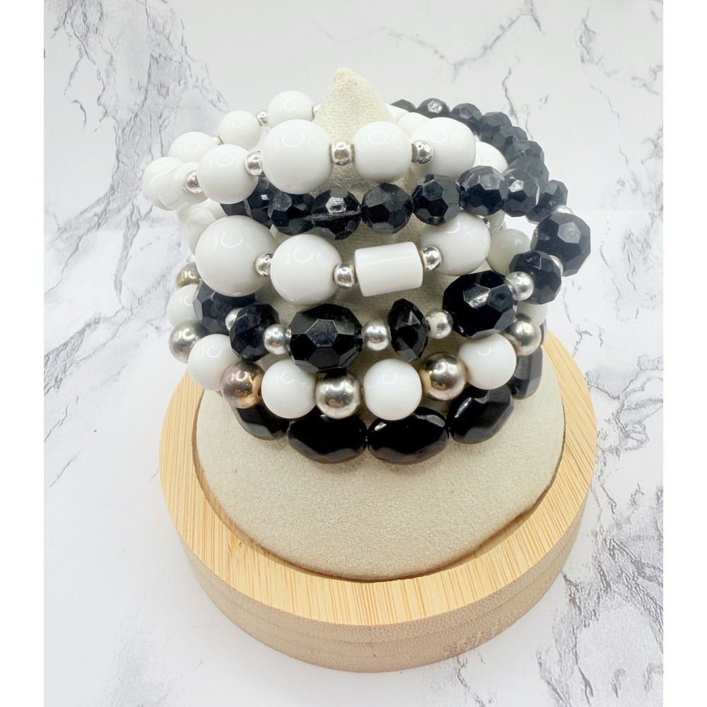 6‎ Black White Silver Tone Beaded Stretch Bracelets Stackable Bracelet Lot